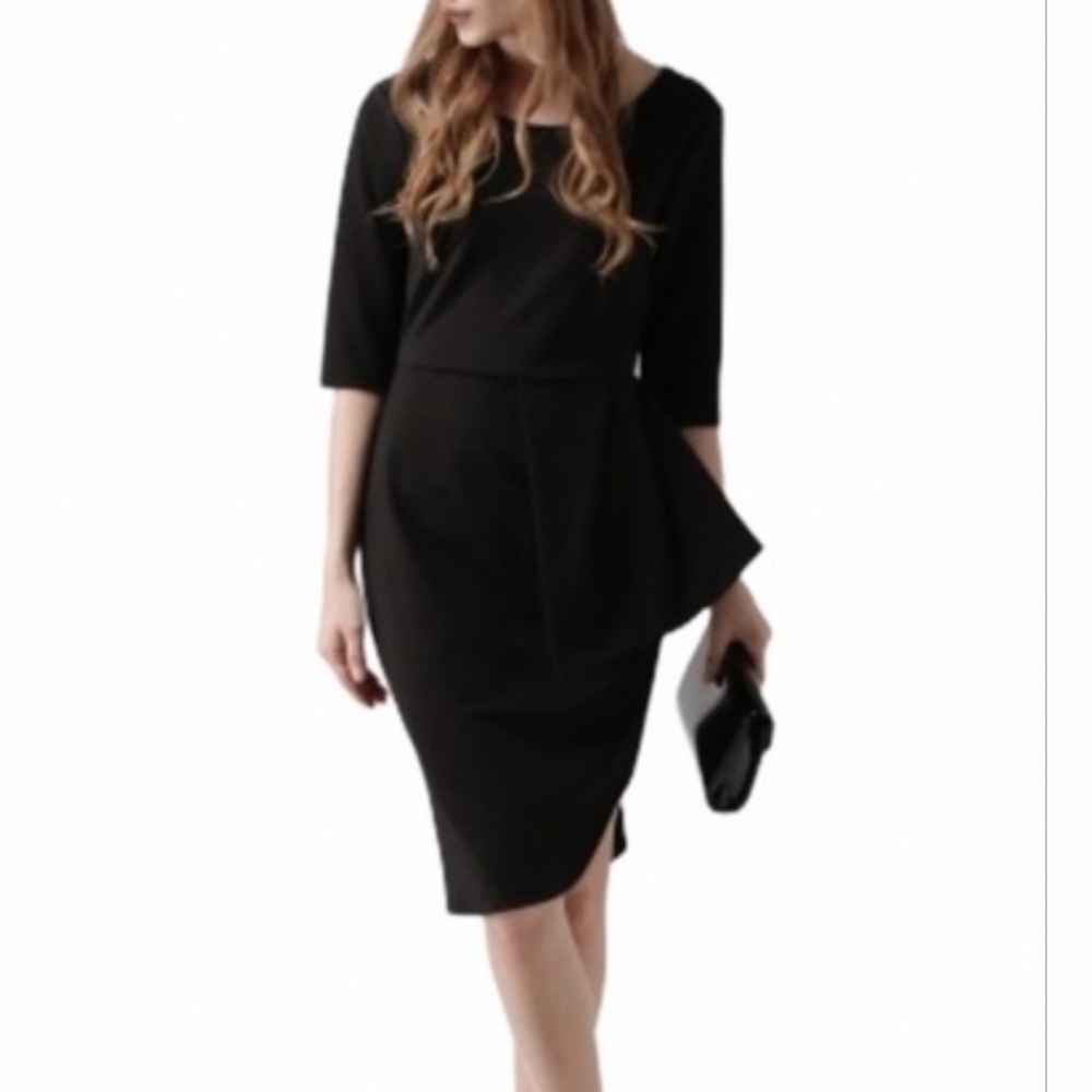 Arrogant Cat Chic Asymmetrical Peplum Sheath Dress Sz 14 Black Elegant Minimalis